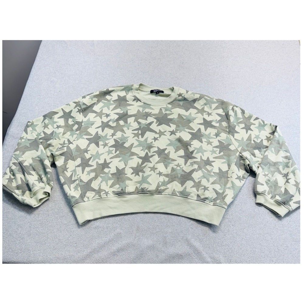 Vinyl Icons Womens M Star Print Sweatshirt Sage Green Cropped Fleece Crewneck